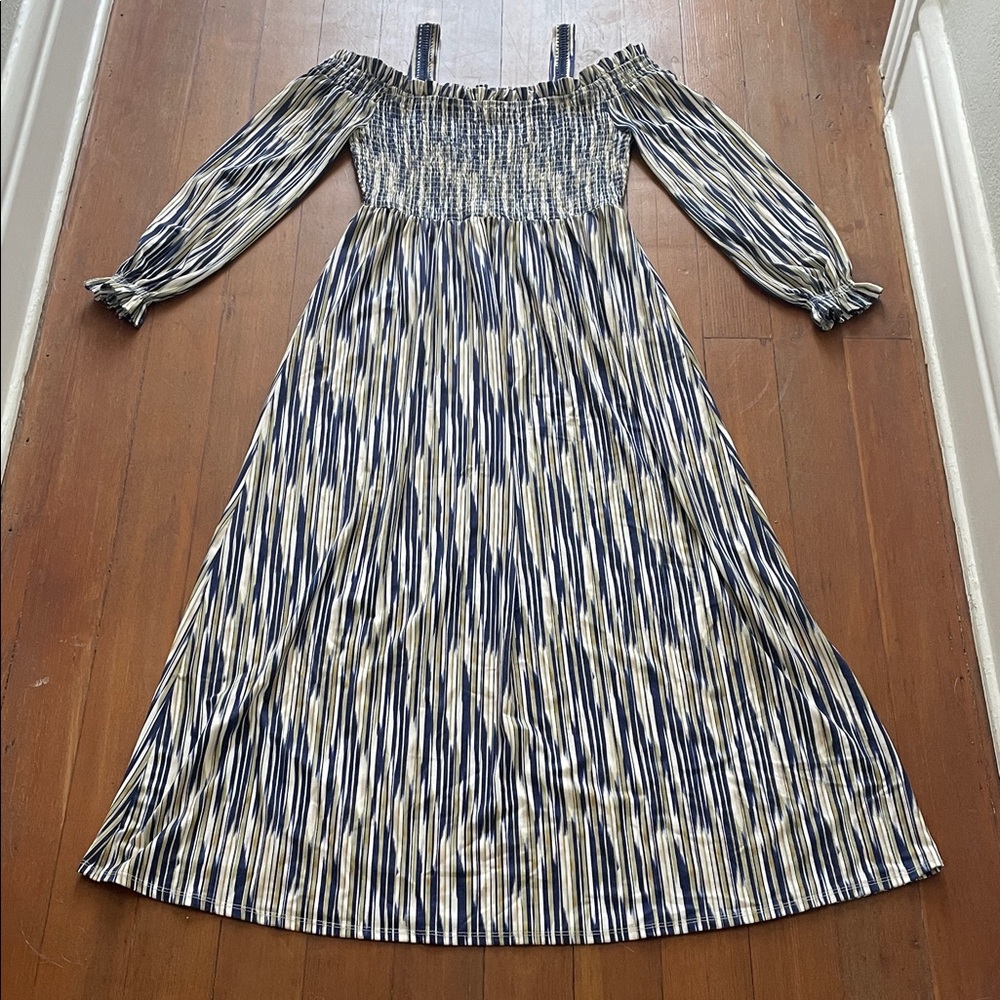 Belldini Navy and Cream Cold Shoulder Maxi Dress